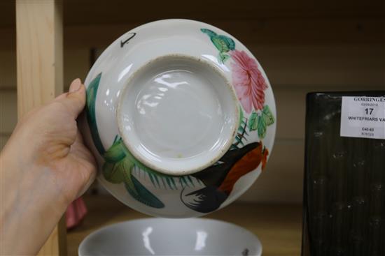 A pair of Chinese famille rose cockerel bowls diameter 17cm